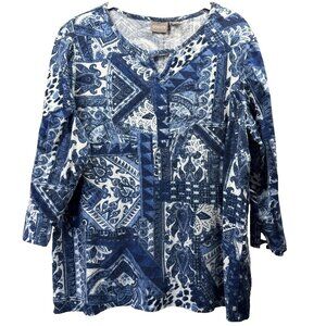 Chicos Women's Top Large Colorful Blue White Mixed Prints 3/4 Sleeve Pullover